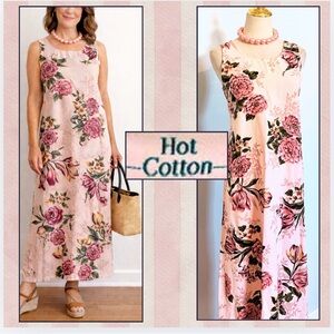 Hot Cotton Marc Ware Blush Pink Floral Linen Cotton Maxi Dress USA Made,Size S